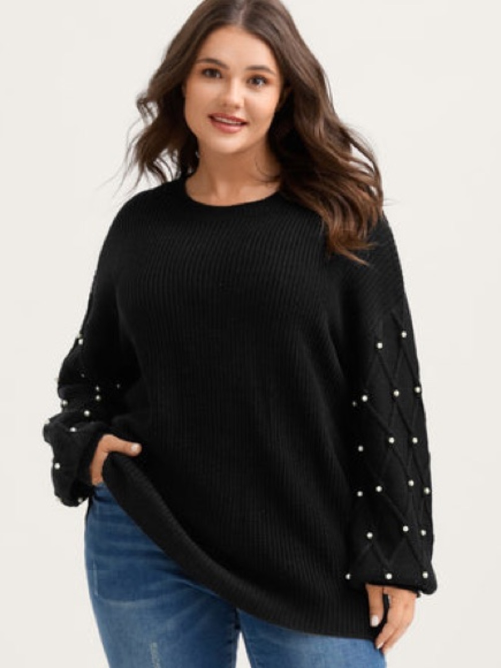 NWT Bloomchic Black Textured Pearl Detail Drop Shoulder Pullover Sweater Size 12